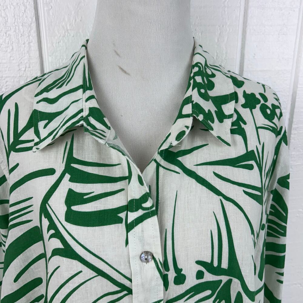 Christian Siriano NY Linen Blend Tropical Leaf Button Shirt Green White L - Picture 4 of 9